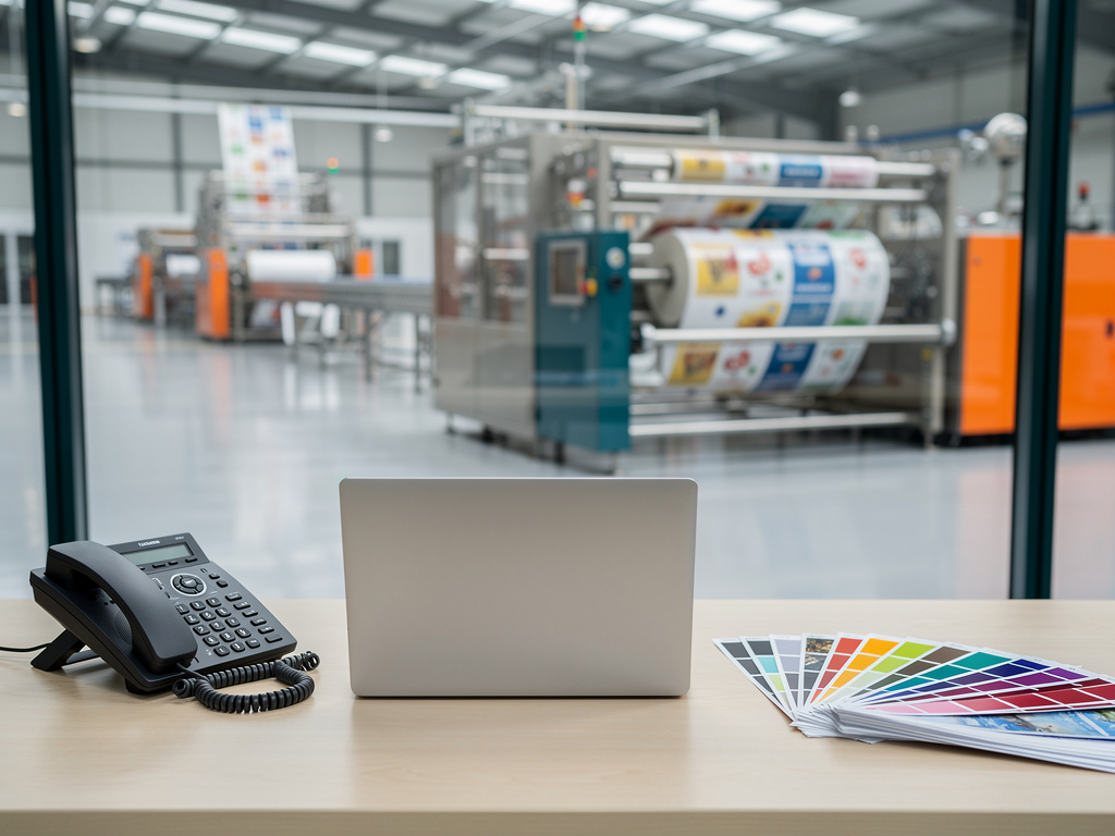 A tidy sales desk at the plant with a laptop, a phone and film samples, a blurred production line visible through a glas