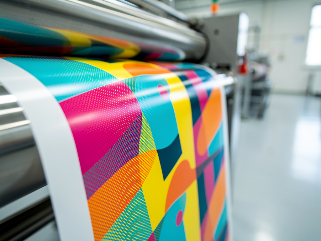 Macro shot of colorful printed flexible film with fine ink detail and no readable text.