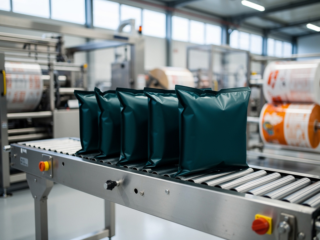 Several sealed flow packs in different sizes lined up on a stainless steel conveyor.