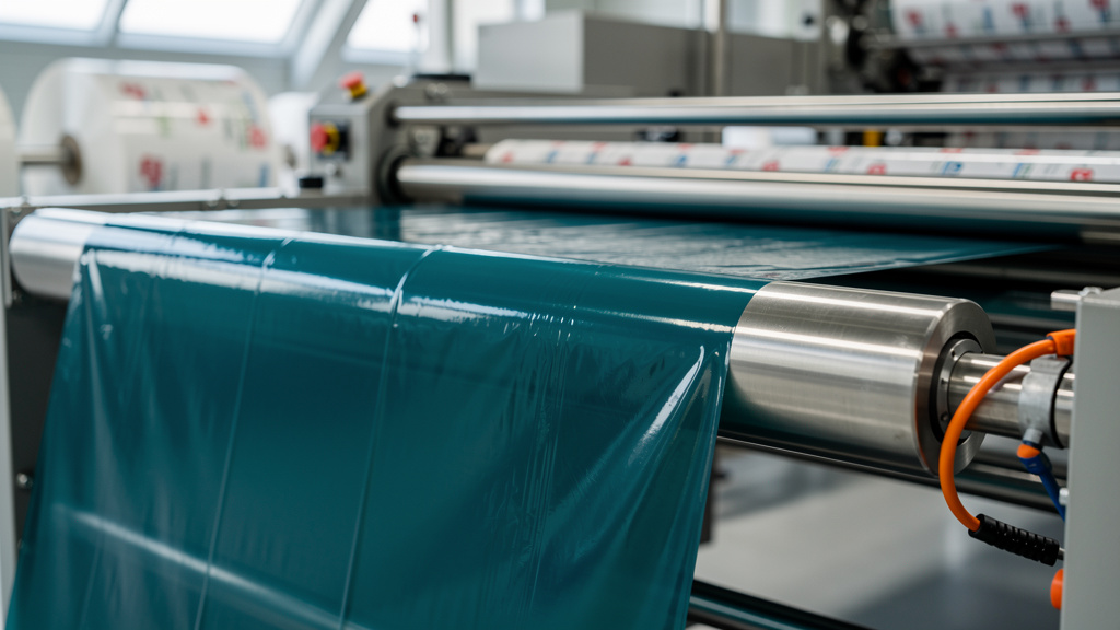 Close-up of a glossy, unbranded flow pack film running through a stainless steel packaging machine, with light catching