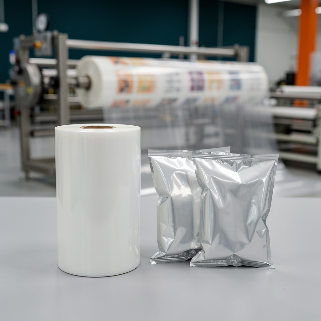 An unbranded roll of glossy flexible film beside two empty sealed flow pack pouches on a clean light gray surface.