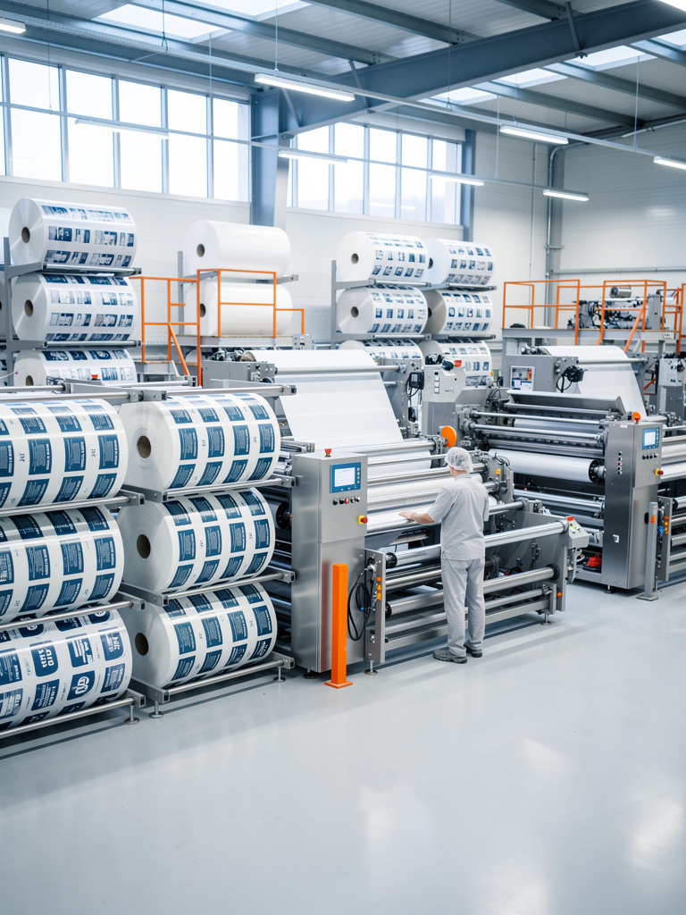 Wide view of the production floor with stacked film rolls and a technician seen from behind, out of focus, checking a pr